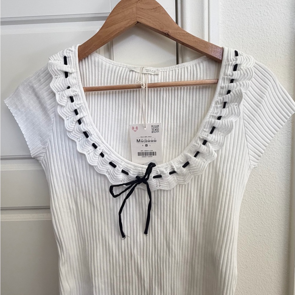 Zara White Ribbed Top with Black Ribbon Accent